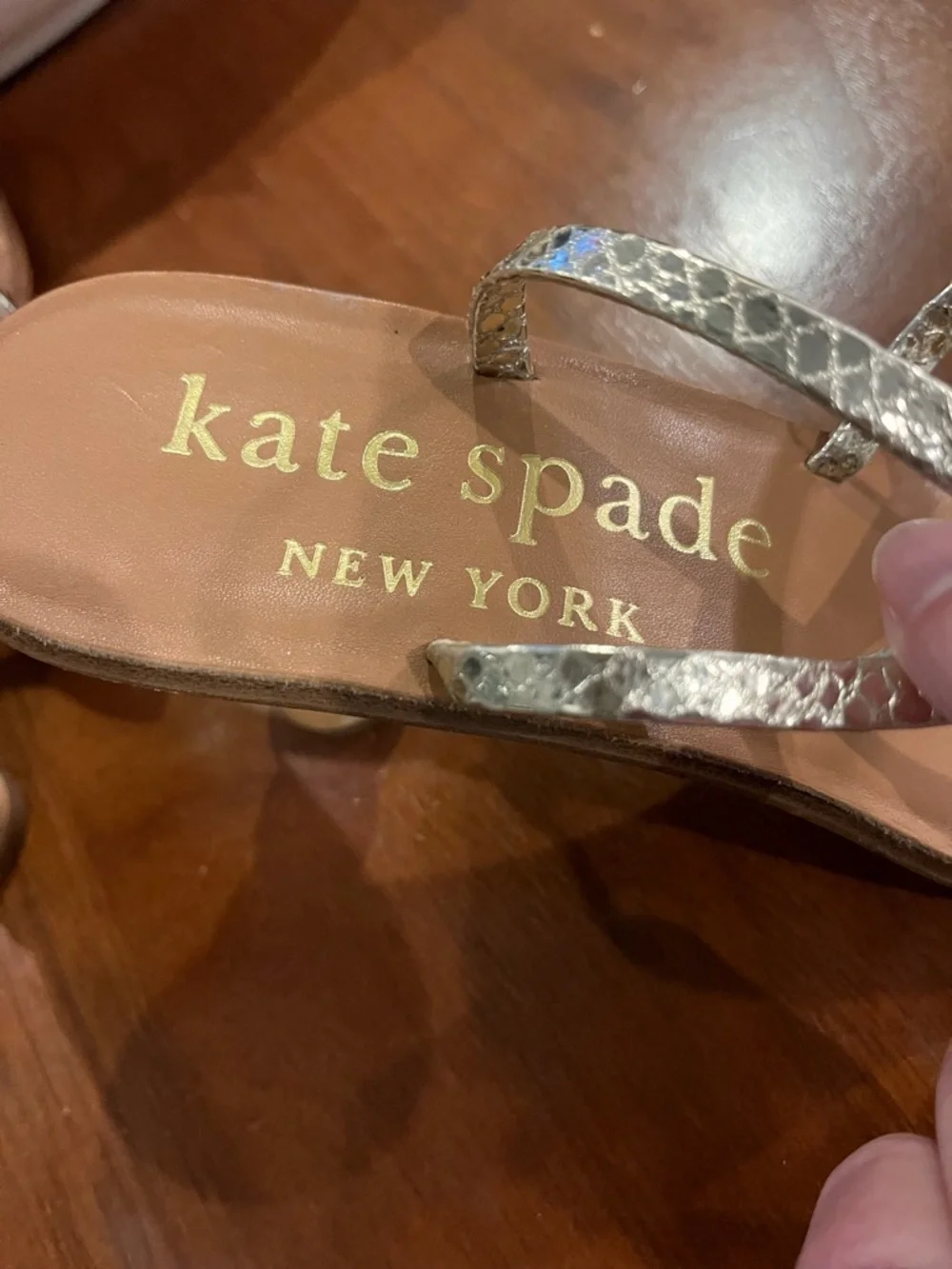Kate Spade New York Charmer Metallic Gold Sandal with Sculpted Wood Heel 6.5